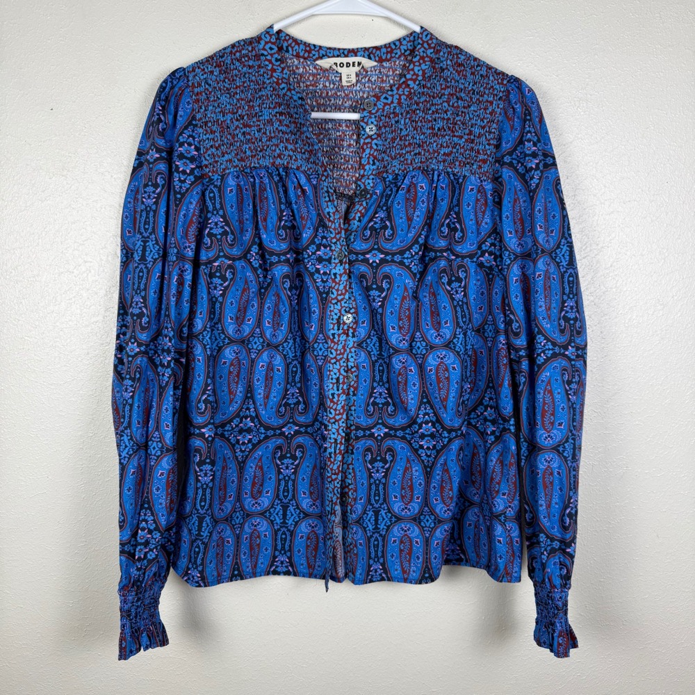 Boden Womens Blue Paisley Smocked Cotton Blouse Top‎